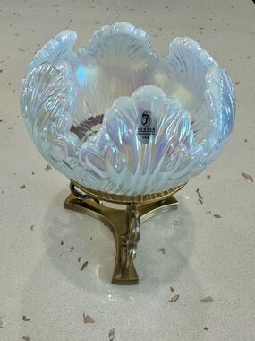 Fenton Rose Bowl Opalescent White Glass Bowl w Stand - In Original Box